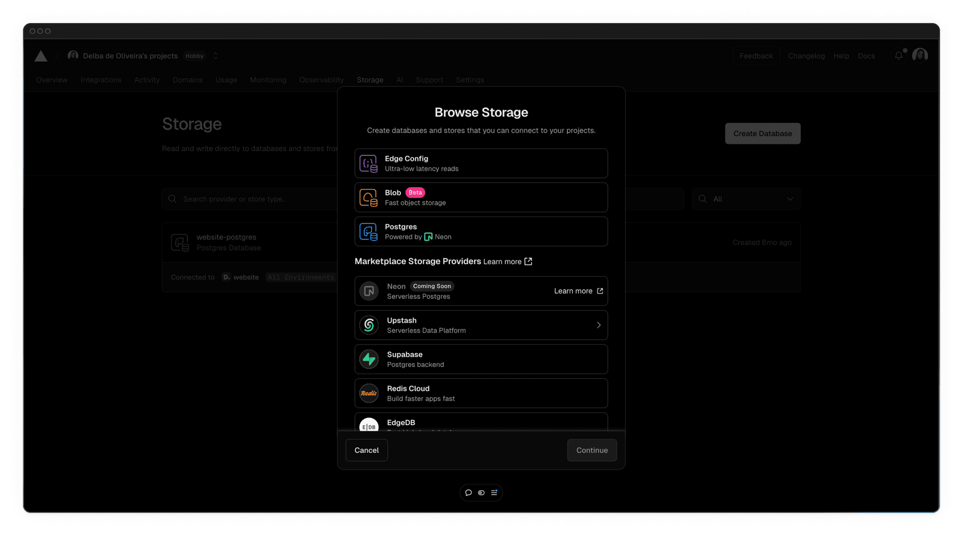 Connect Store screen showing the Postgres option along with KV, Blob and Edge Config