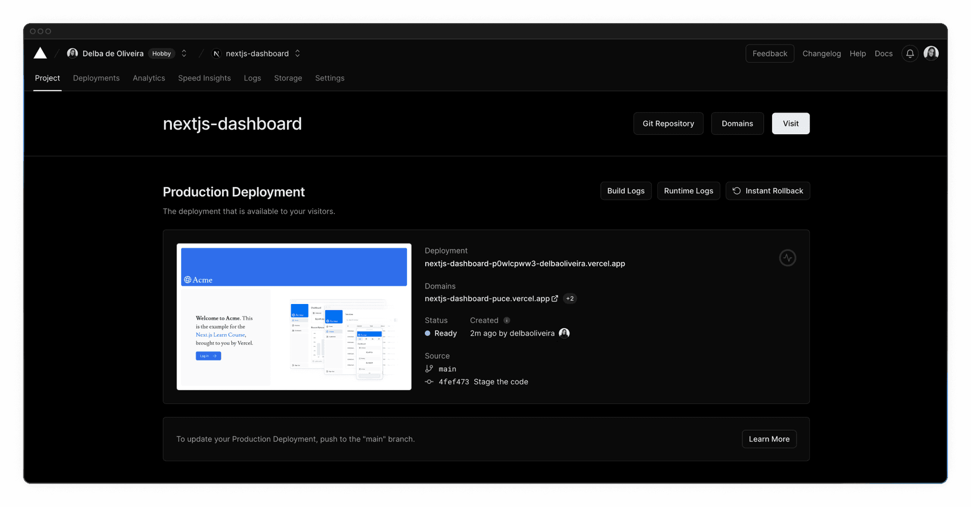 Project overview screen showing the project name, domain, and deployment status