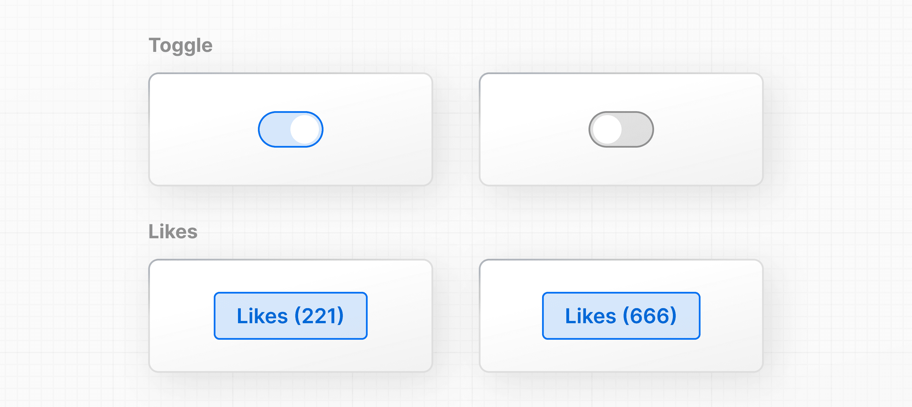 Two different examples of state: 1. A toggle button that can be selected or unselected. 2. A like button that can be clicked multiple times.