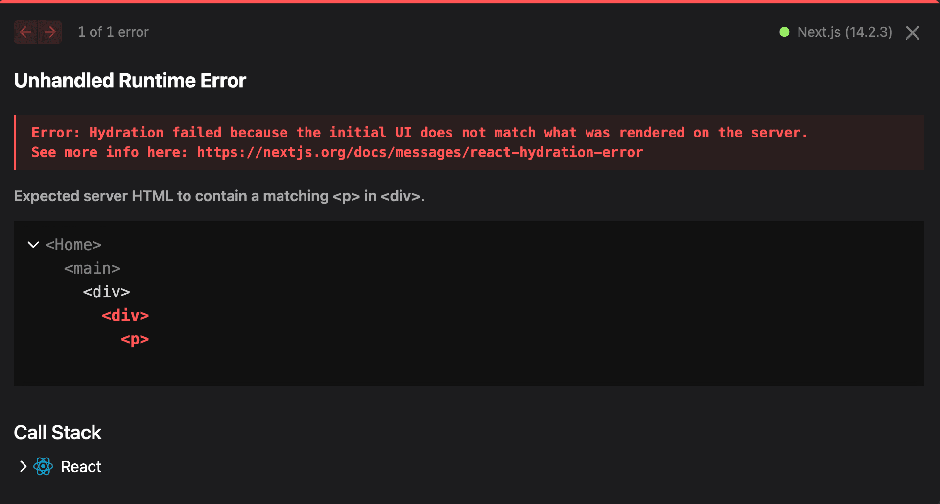 Hydration error message in Next.js 14.1