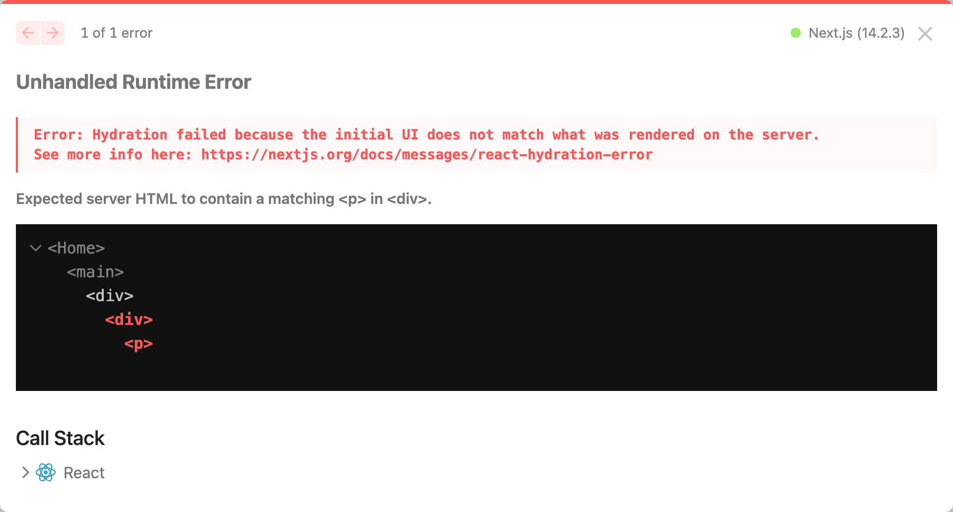 Hydration error message in Next.js 14.1