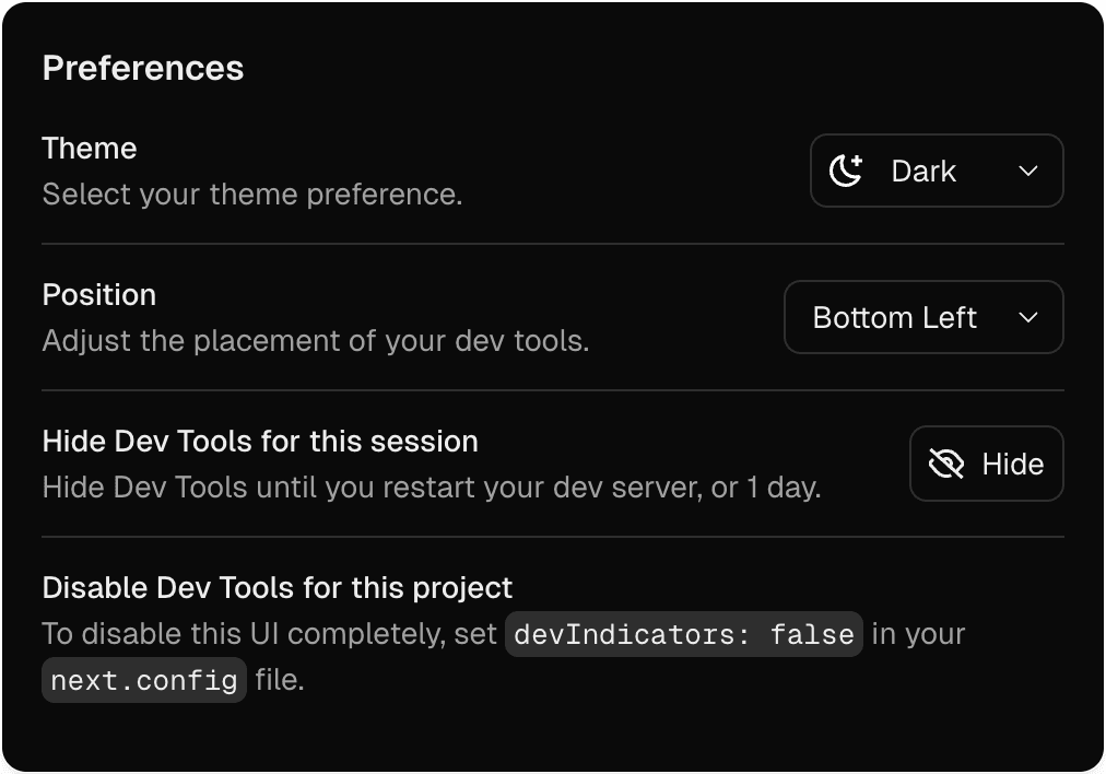 An example of the Next.js dev tools preferences